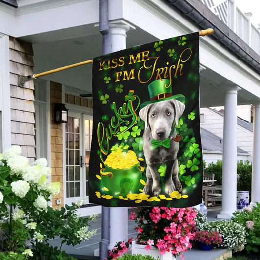 Silver Labrador Kiss Me I'm Irish House Flag - St Patrick's Day Garden Flag - Outdoor St Patrick's Day Decor