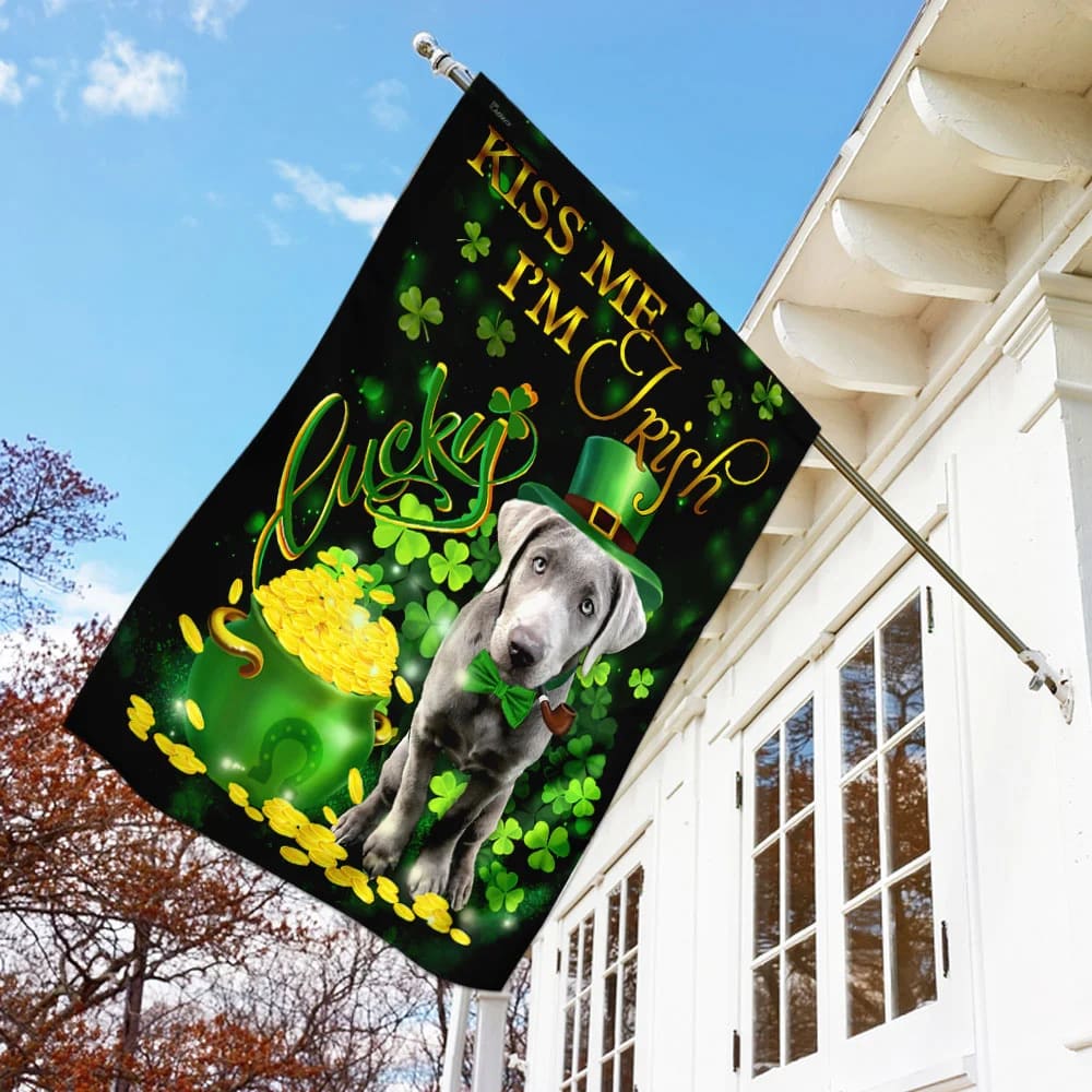 Silver Labrador Kiss Me I'm Irish House Flag - St Patrick's Day Garden Flag - Outdoor St Patrick's Day Decor