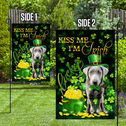 Silver Labrador Kiss Me I'm Irish House Flag - St Patrick's Day Garden Flag - Outdoor St Patrick's Day Decor