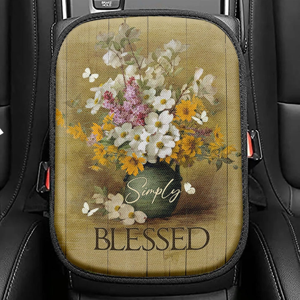 Simply Blessed Beautiful Flower Vase Seat Box Cover, Bible Verse Car Center Console Cover, Inspirational Car Interior Accessories