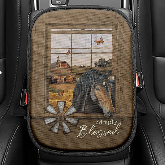 Simply Blessed Black Horse Windmill Seat Box Cover, Bible Verse Car Center Console Cover, Inspirational Car Interior Accessories