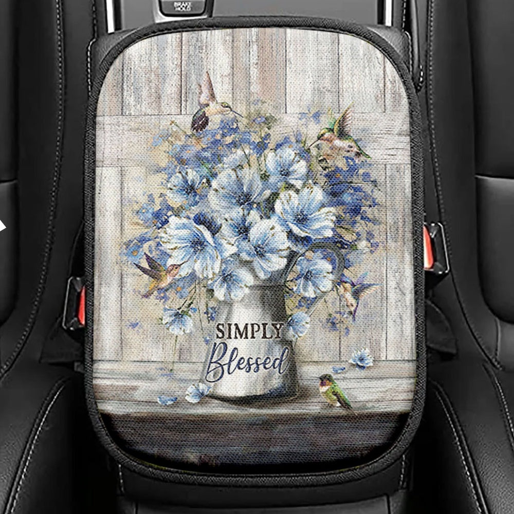 Simply Blessed Blue Daisy Flower Seat Box Cover, Bible Verse Car Center Console Cover, Inspirational Car Interior Accessories