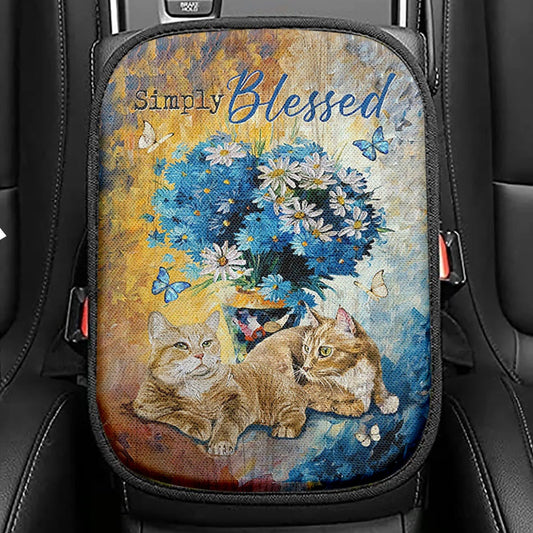 Simply Blessed Blue Daisy Flowers Fluffy Cats Seat Box Cover, Bible Verse Car Center Console Cover, Inspirational Car Interior Accessories