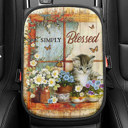 Simply Blessed Cat Butterfly Seat Box Cover, Inspirational Car Center Console Cover, Christian Car Interior Accessories
