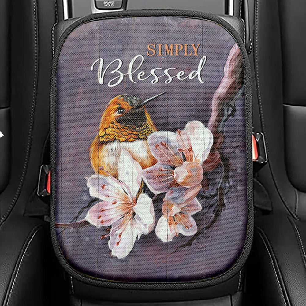 Simply Blessed Flower Yellow Hummingbird Seat Box Cover, Bible Verse Car Center Console Cover, Inspirational Car Interior Accessories