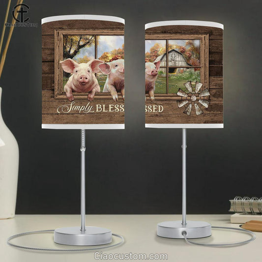 Simply Blessed Happy Pig Old Windmill Table Lamp Art - Christian Lamp Art Decor - Bible Verse Table Lamp