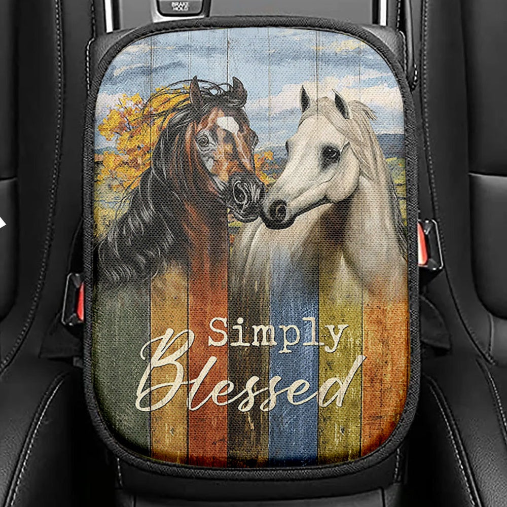 Simply Blessed Horse Couple Seat Box Cover, Inspirational Car Center Console Cover, Christian Car Interior Accessories