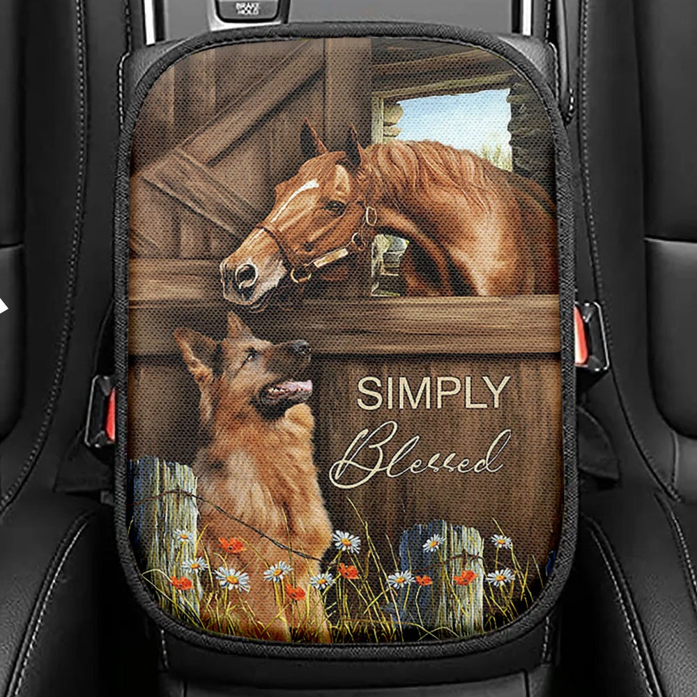 Simply Blessed Horse German Shepherd Seat Box Cover, Inspirational Car Center Console Cover, Christian Car Interior Accessories