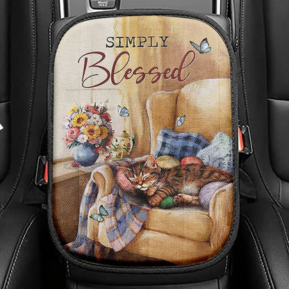 Simply Blessed Room Sleeping Cat Flower Seat Box Cover, Inspirational Car Center Console Cover, Christian Car Interior Accessories