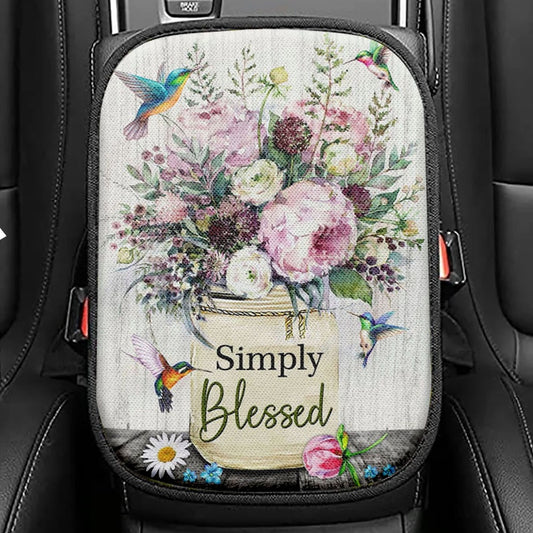 Simply Blessed Sunflower Hummingbird Seat Box Cover, Inspirational Car Center Console Cover, Christian Car Interior Accessories