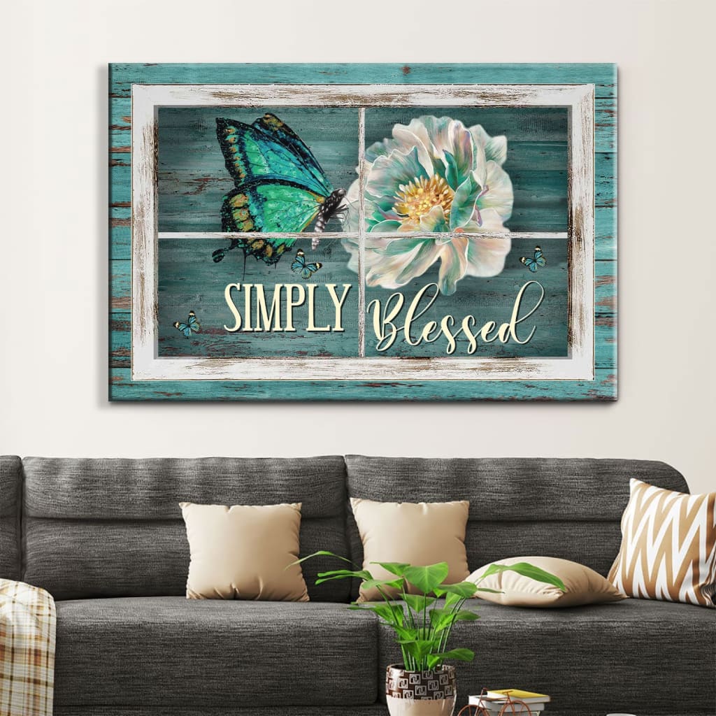 Simply Blessed Wall Art Canvas, Butterfly Camellia Flower Christian Art, Christian Wall Decor - Religious Wall Decor