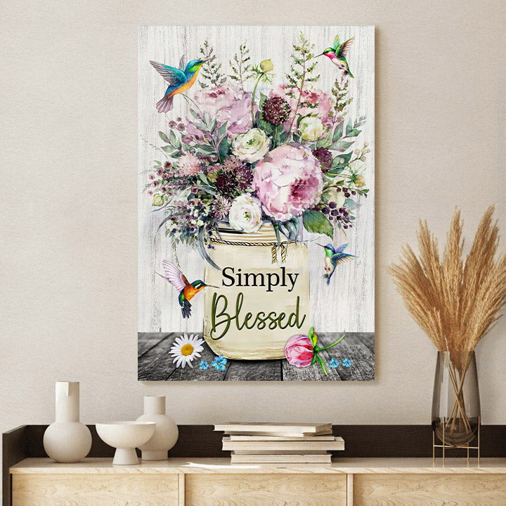 Simply Blessed Wall Art Canvas Hummingbird Flowers Christian Decor Gifts - Art On Canvas