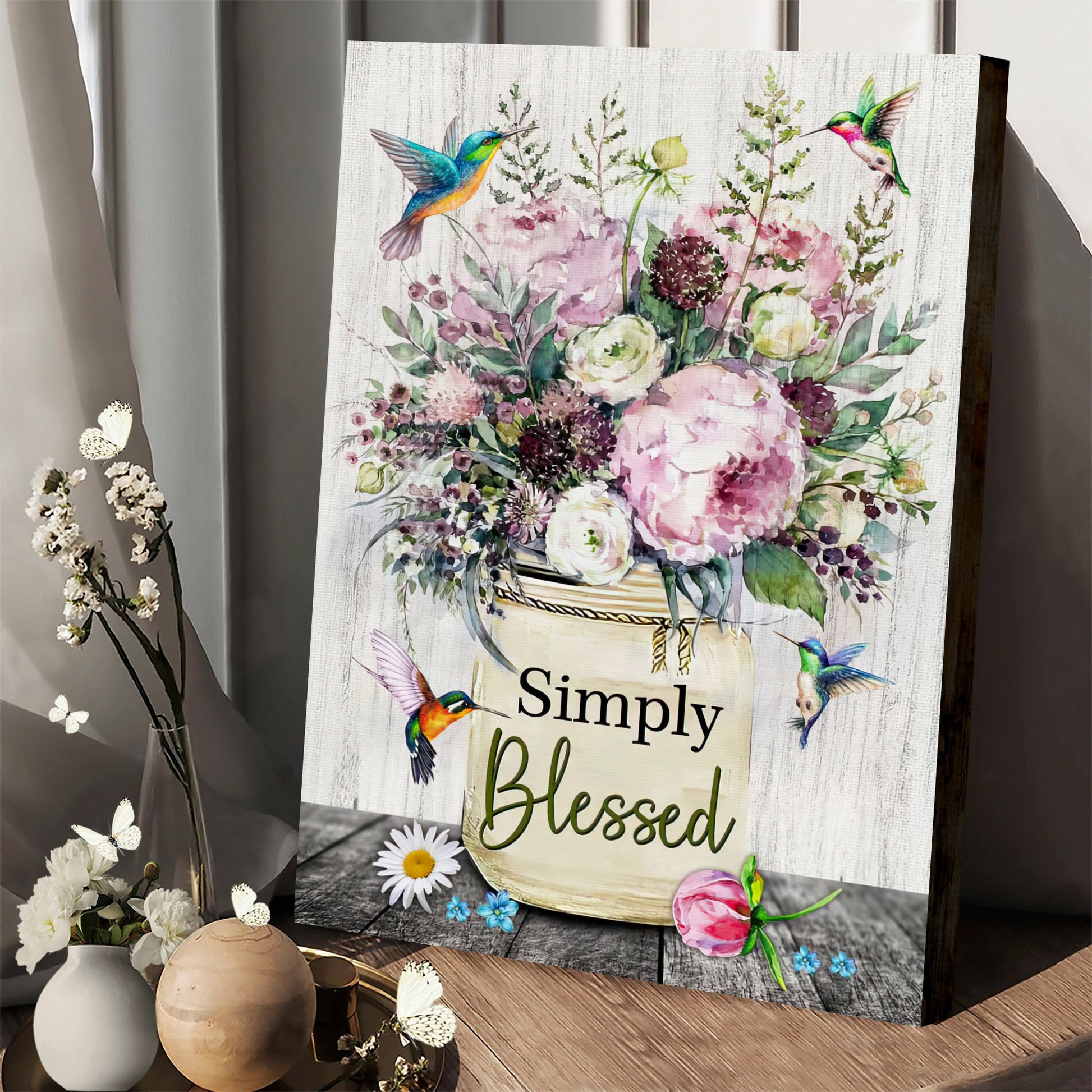 Simply Blessed Wall Art Canvas Hummingbird Flowers Christian Decor Gifts - Art On Canvas