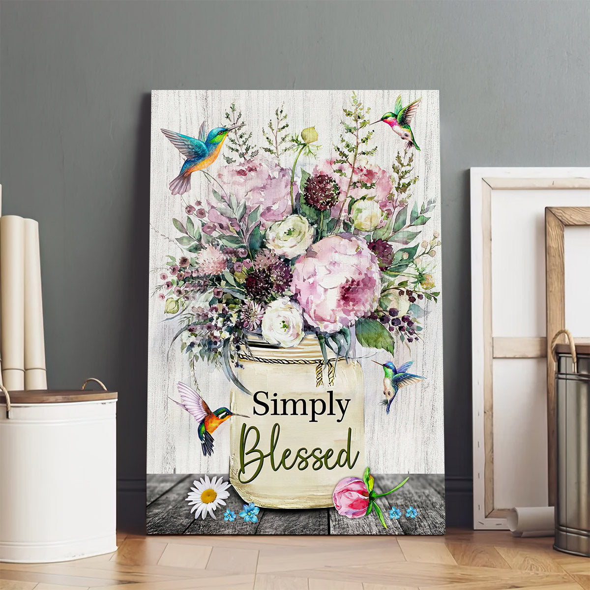 Simply Blessed Wall Art Canvas Hummingbird Flowers Christian Decor Gifts - Art On Canvas