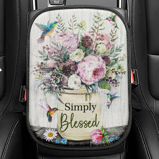 Simply Blessed Wall Art, Hummingbird Flowers Christian Seat Box Cover, Bible Verse Car Center Console Cover, Scripture Interior Car Accessories