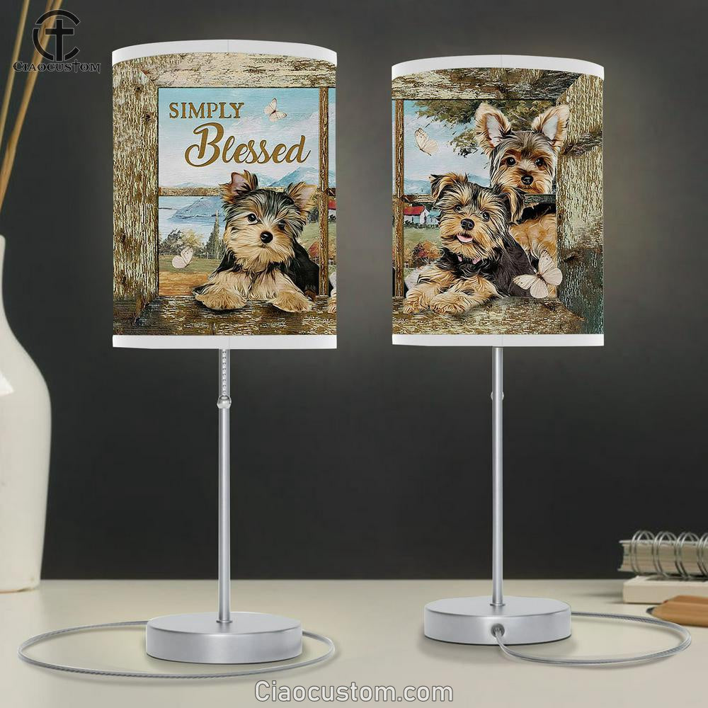 Simply Blessed Yorkshire Terrier Dog White Butterfly Table Lamp Art - Christian Lamp Art Decor - Bible Verse Table Lamp