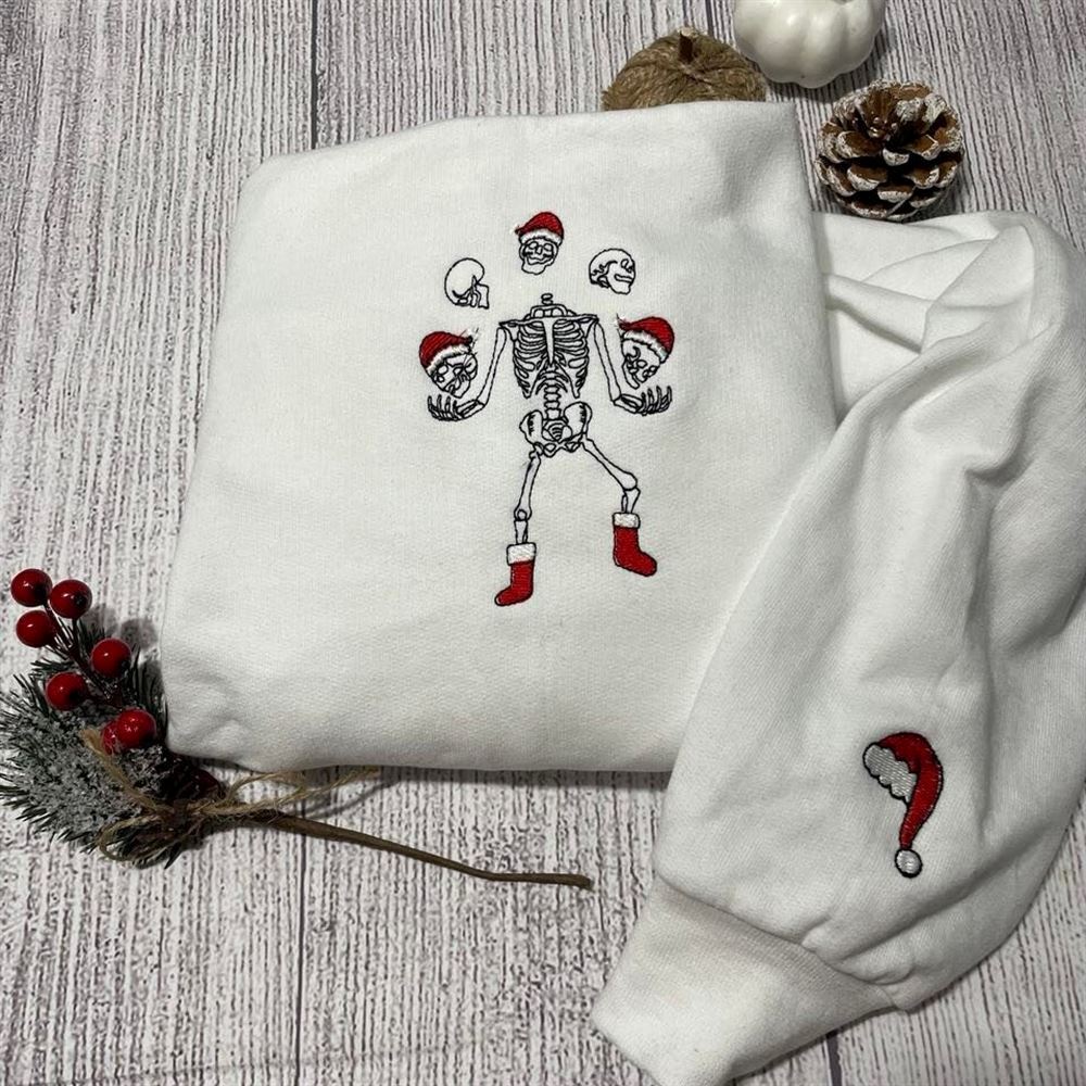 Skeleton Christmas Embroidery Sweatshirt, Women's Embroidered Sweatshirts