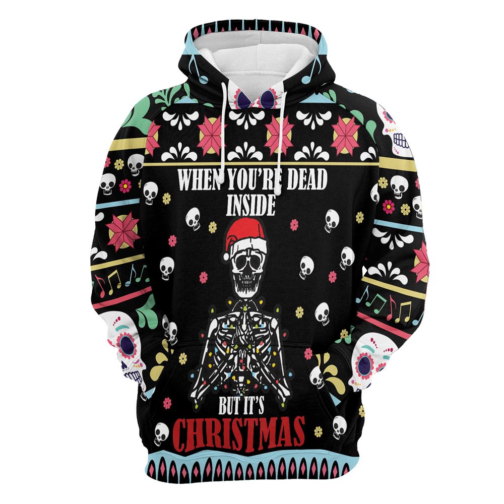 Skull Christmas Dead Inside All Over Print 3D Hoodie For Men And Women, Best Gift For Dog lovers, Best Outfit Christmas