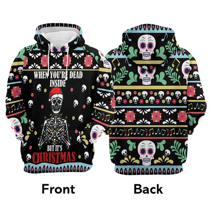 Skull Christmas Dead Inside All Over Print 3D Hoodie For Men And Women, Best Gift For Dog lovers, Best Outfit Christmas