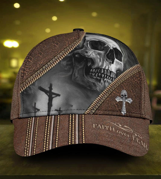 Skull Faith Over Fear Classic Cap - 3D Full Print Skull Cap Hat Leather Pattern