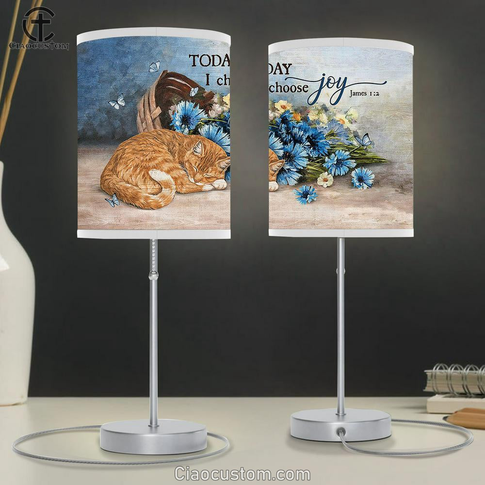 Sleeping Cat Flower Butterfly Today I Choose Joy Table Lamp Painting - Christian Lamp Art - Gifts For Cat Lovers