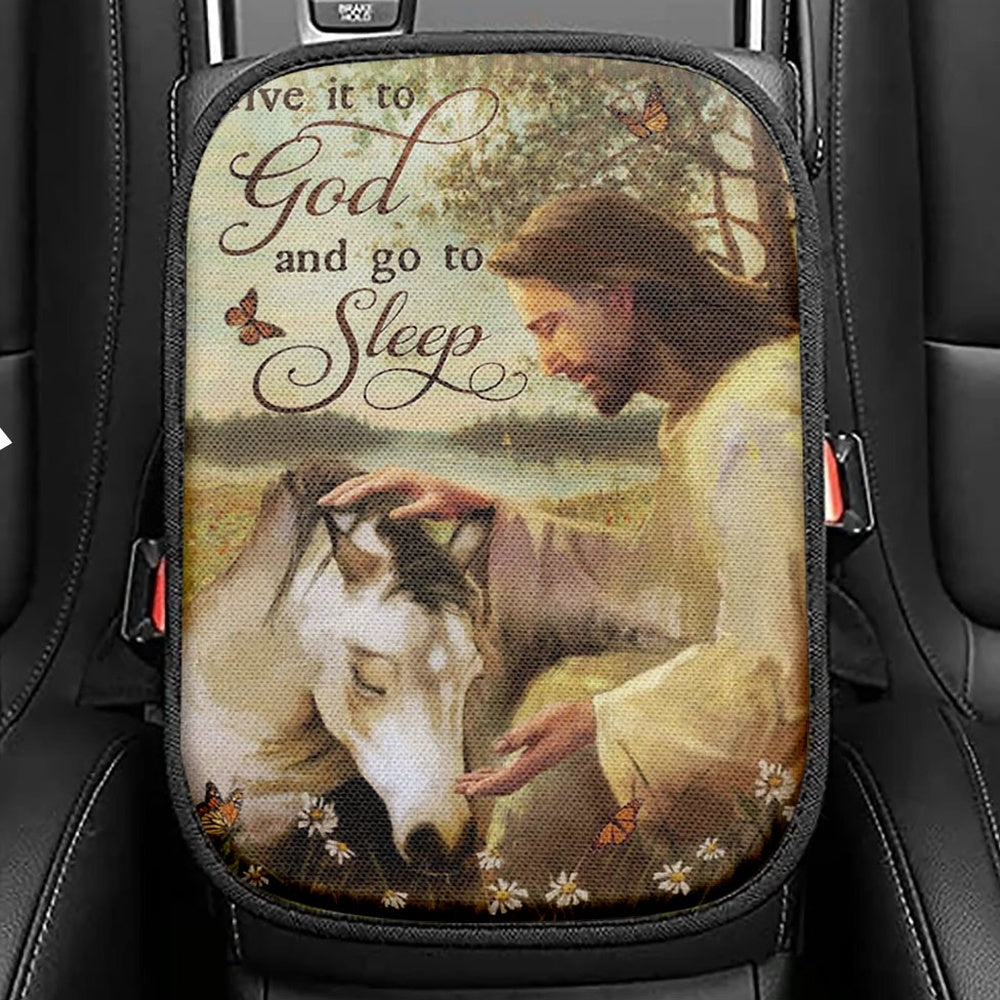 Sleeping Horse And Jesus Seat Box Cover, Give It To God And Go To Sleep Car Center Console Cover, Jesus Christ Car Interior Accessories