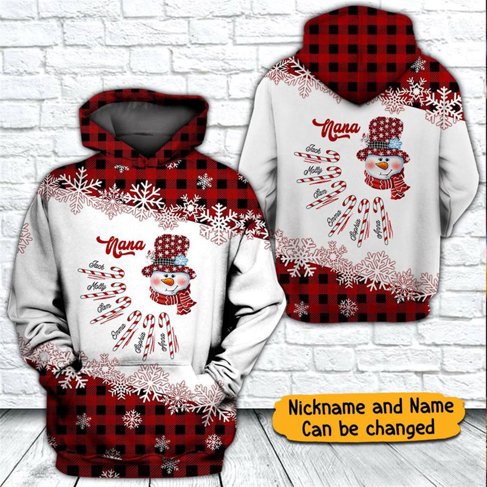 Snowman Grandma Candy Cane Christmas All Over Print 3D Hoodie For Men And Women, Christmas Gift, Warm Winter Clothes, Best Outfit Christmas