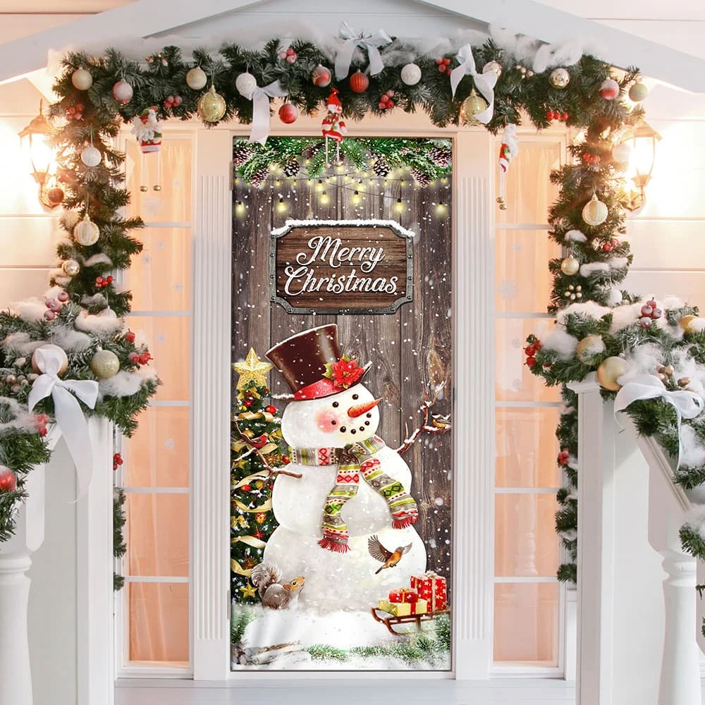 Snowman Merry Christmas Door Cover - Christmas Door Cover - Christmas Outdoor Decoration
