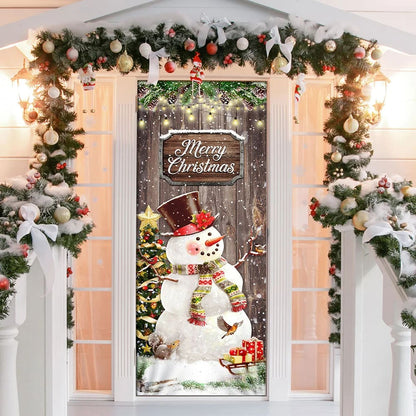 Snowman Merry Christmas Door Cover - Christmas Door Cover - Christmas Outdoor Decoration