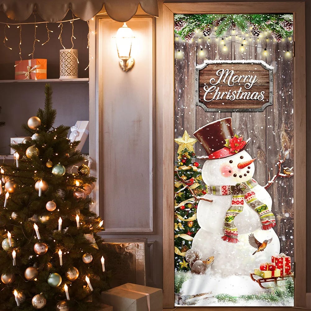 Snowman Merry Christmas Door Cover - Christmas Door Cover - Christmas Outdoor Decoration