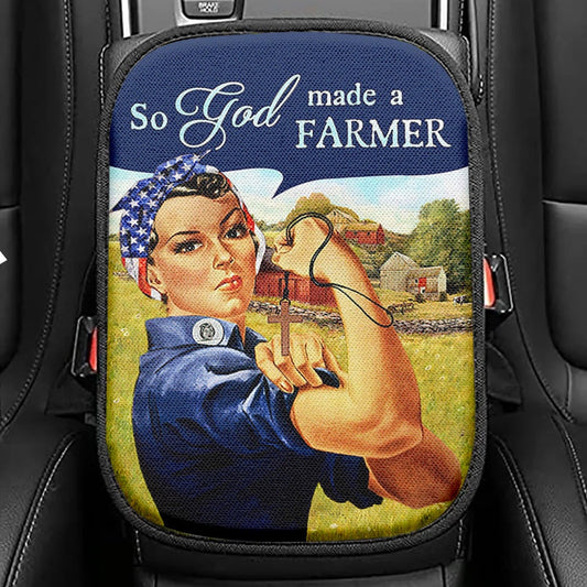 So God Made A Farmer Seat Box Cover, Christian Car Center Console Cover, Bible Verse Car Interior Accessories