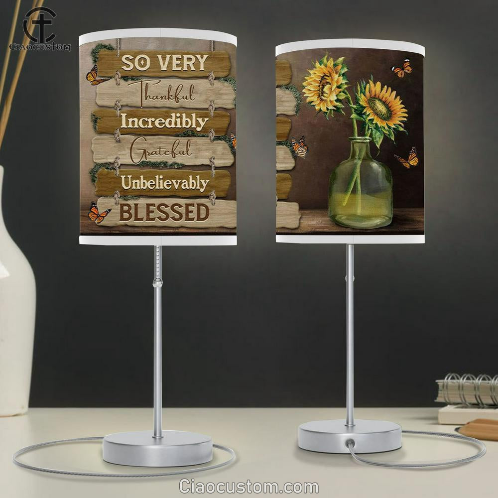 So Very Thankful Incredibly Grateful Unbelievably Blessed Table Lamp For Bedroom - Butterfly Sunflower - Christian Room Decor