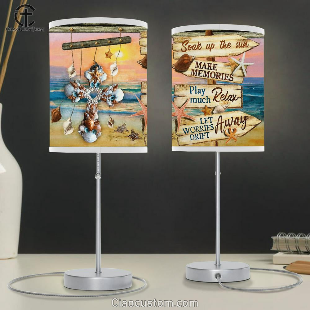 Soak Up The Sun Make Memories Play Much Relax Let Worries Drift Away Beach Seashell Cross Large Table Lamp - Religious Table Lamp Art