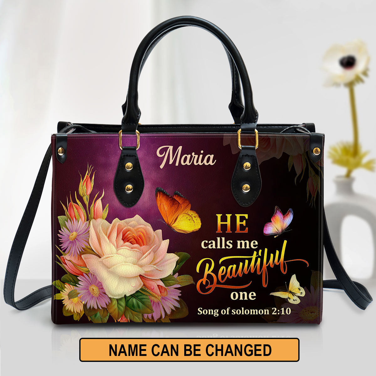 Solomon 2 10 Flower And Butterfly He Calls Me Beautiful One Leather Bag - Personalized Leather Bible Handbag - Christian Gifts for Women