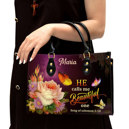 Solomon 2 10 Flower And Butterfly He Calls Me Beautiful One Leather Bag - Personalized Leather Bible Handbag - Christian Gifts for Women