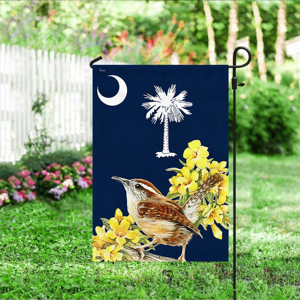 South Carolina Flag Carolina Wren With Yellow Jessamine - Christmas Garden Flag - Christmas Outdoor Decoration