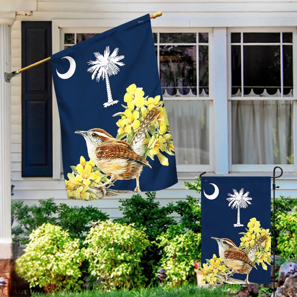 South Carolina Flag Carolina Wren With Yellow Jessamine - Christmas Garden Flag - Christmas Outdoor Decoration