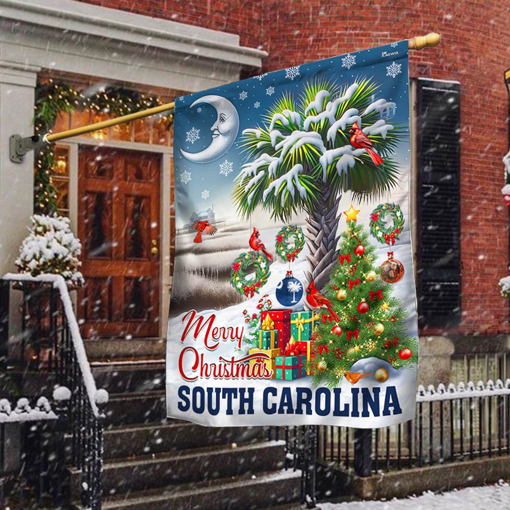 South Carolina Merry Christmas Palm Tree Cardinal Winter Christmas in South Carolina Flag - Religious Christmas House Flags