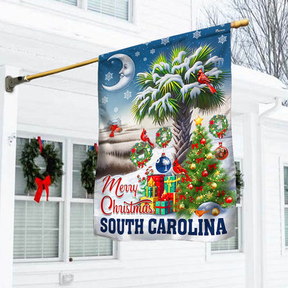 South Carolina Merry Christmas Palm Tree Cardinal Winter Christmas in South Carolina Flag - Religious Christmas House Flags