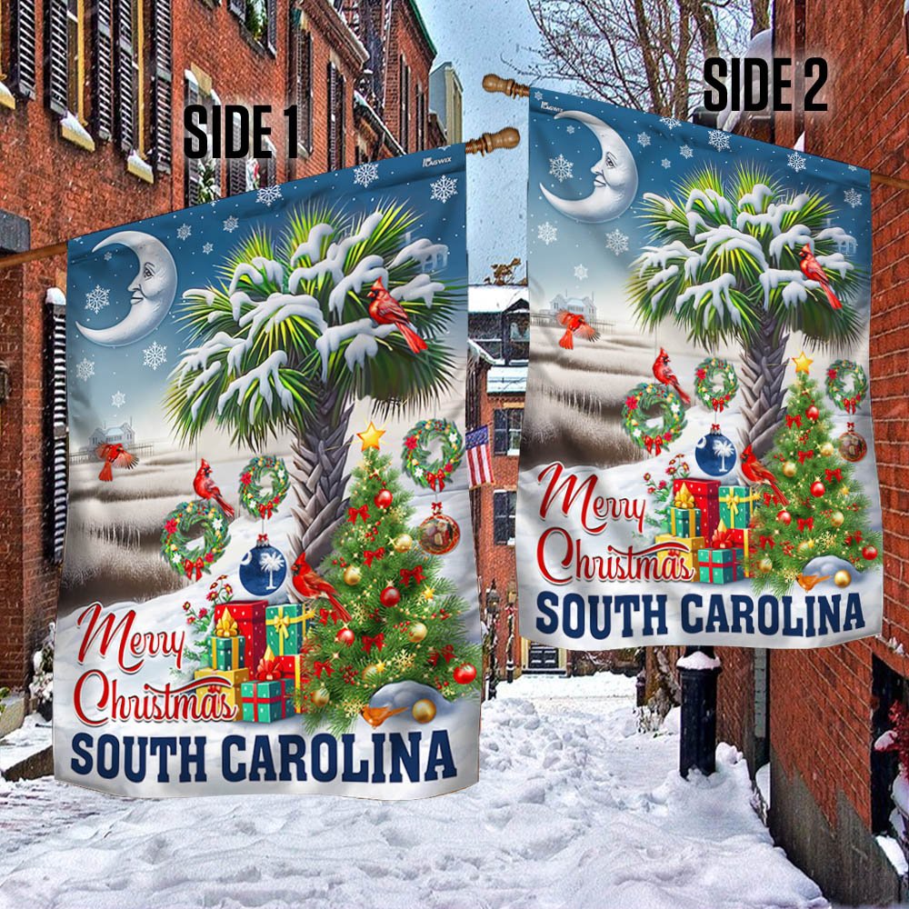 South Carolina Merry Christmas Palm Tree Cardinal Winter Christmas in South Carolina Flag - Religious Christmas House Flags