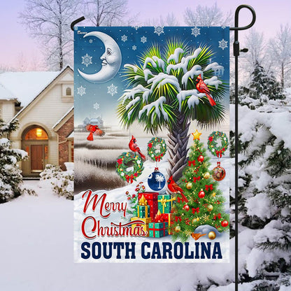 South Carolina Merry Christmas Palm Tree Cardinal Winter Christmas in South Carolina Flag - Religious Christmas House Flags