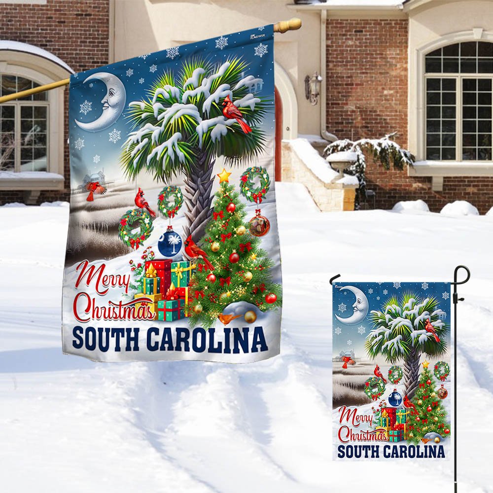 South Carolina Merry Christmas Palm Tree Cardinal Winter Christmas in South Carolina Flag - Religious Christmas House Flags