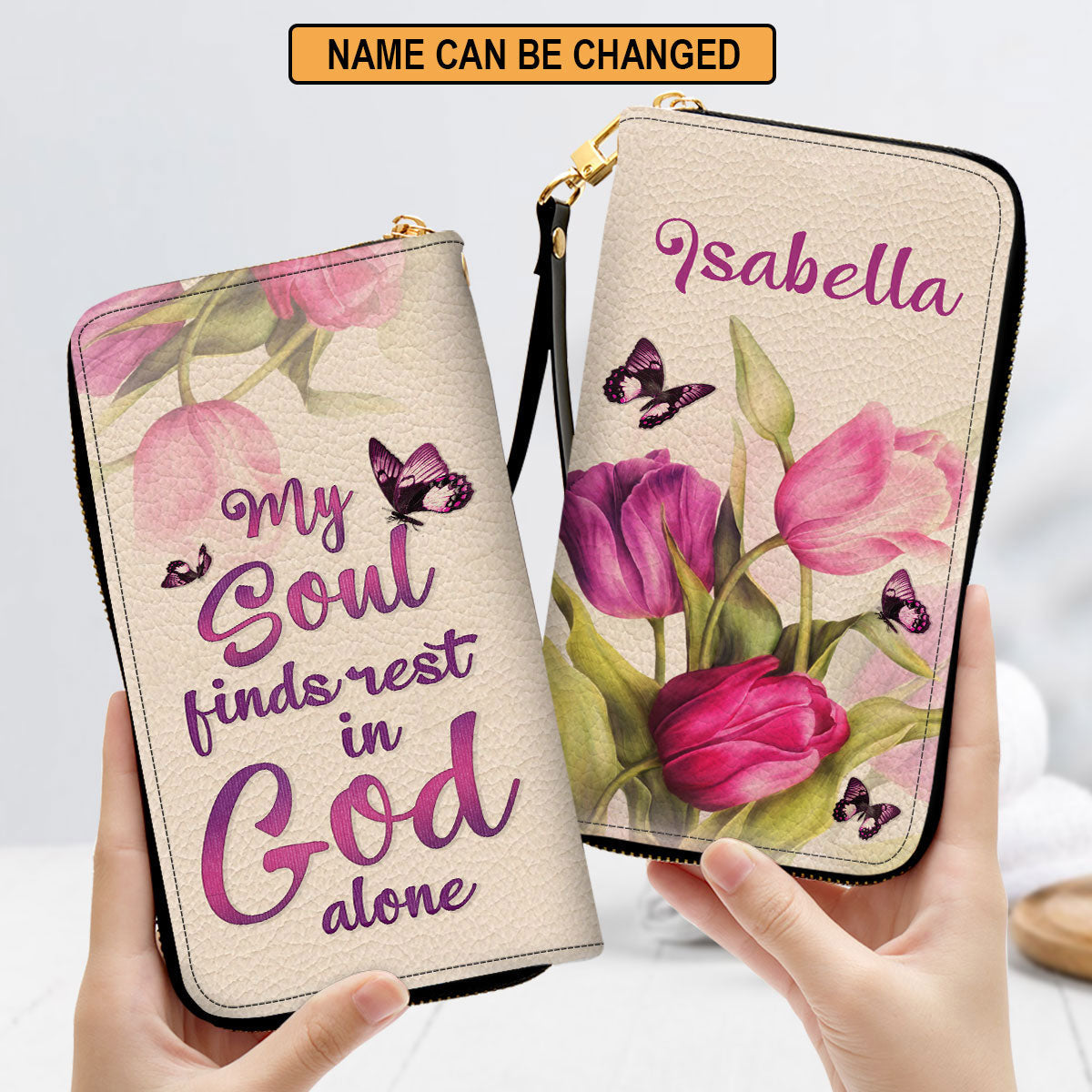 Spiritual Gift Of Faith For Women Tulip And Butterfly Clutch Purse For Women - Personalized Name - Christian Gifts For Women