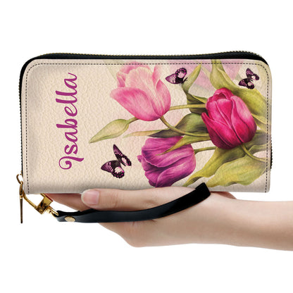 Spiritual Gift Of Faith For Women Tulip And Butterfly Clutch Purse For Women - Personalized Name - Christian Gifts For Women