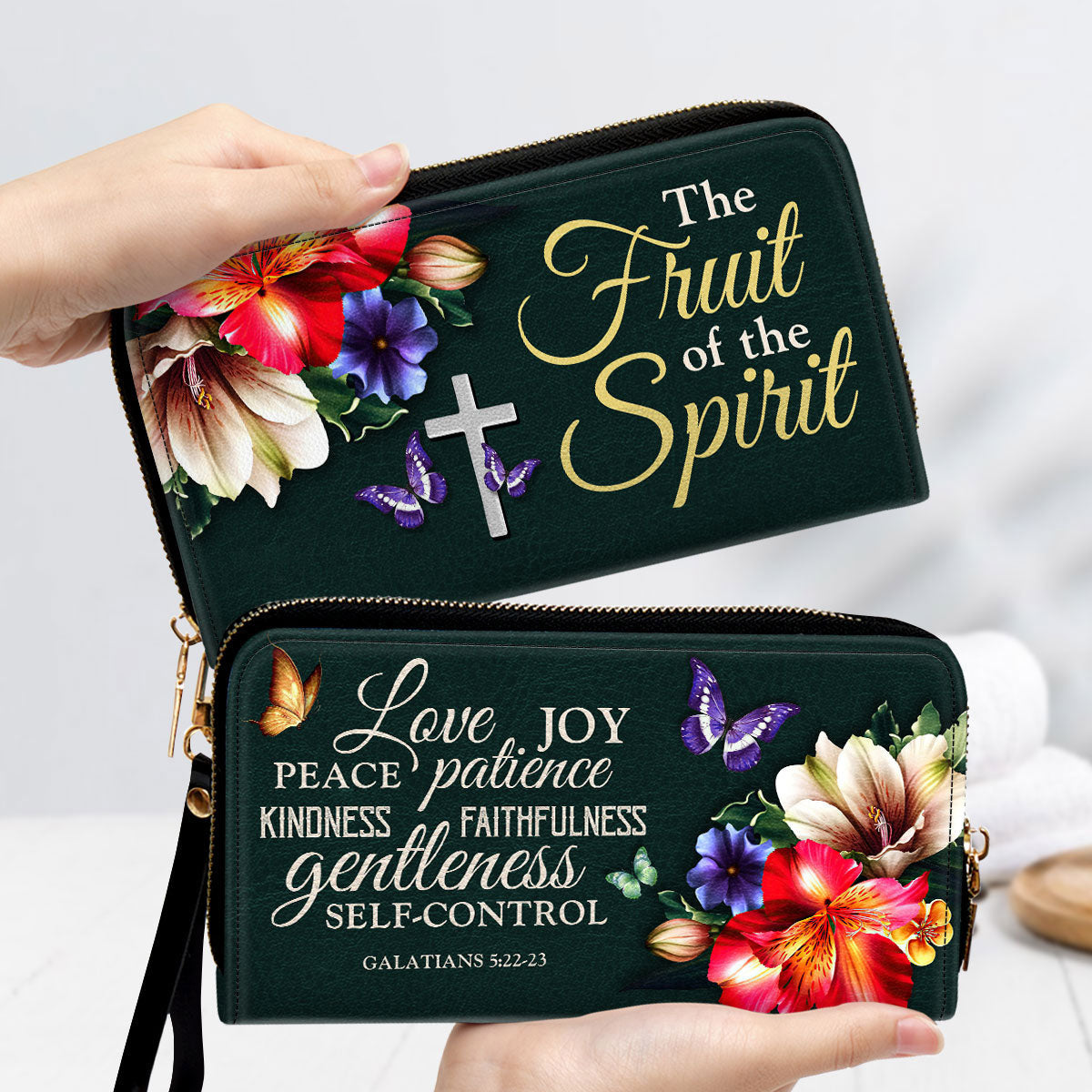 Spiritual Gifts For Woman Galatians 522 23 The Fruit Of The Spirit With Wristlet Strap Handle Clutch Purse For Women - Personalized Name