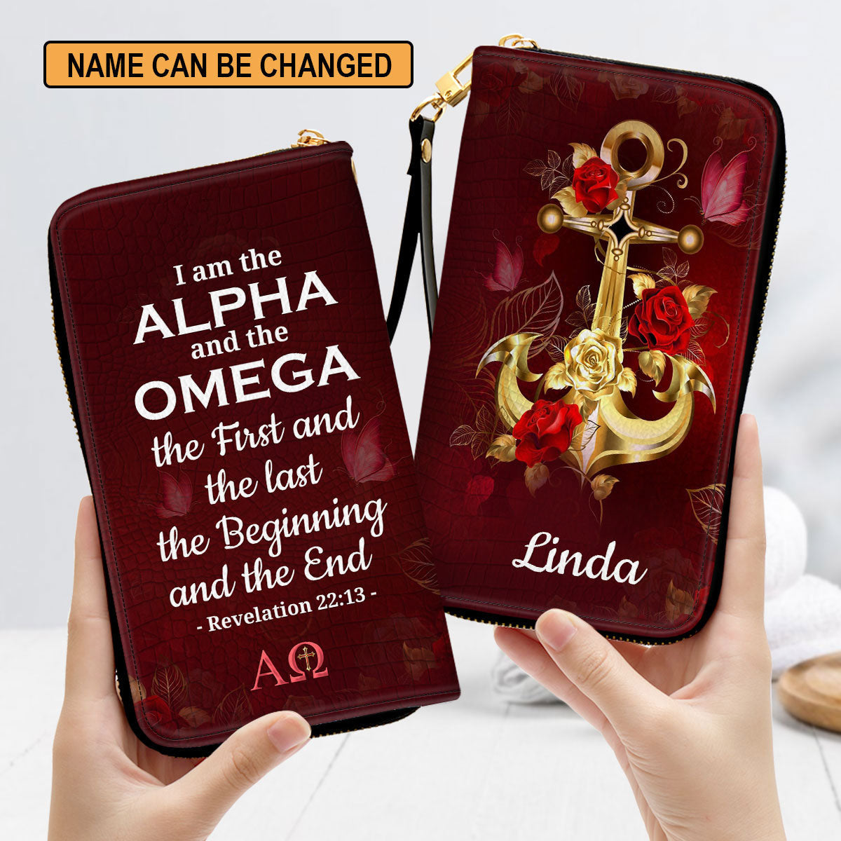 Spiritual Gifts Scripture For Women Revelation 2213 I Am The Beginning And The End Clutch Purse For Women - Personalized Name