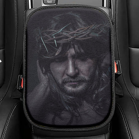 Spiritual Jesus Christ With Crown Of Thorns Seat Box Cover, Religious Car Center Console Cover, Christian Car Interior Accessories
