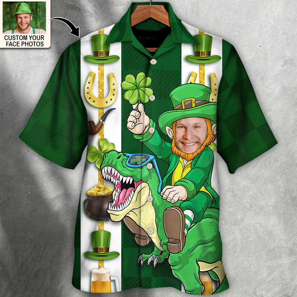 St. Patrick's Day Leprechaun Riding Dinosaur Funny Custom Photo Personalized Hawaiian Shirt For Men & Women - Personalized Photo Gifts