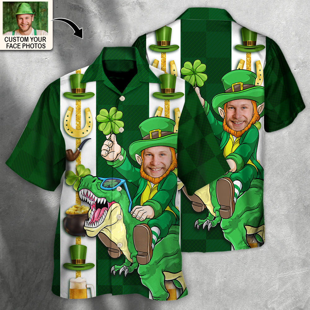 St. Patrick's Day Leprechaun Riding Dinosaur Funny Custom Photo Personalized Hawaiian Shirt For Men & Women - Personalized Photo Gifts