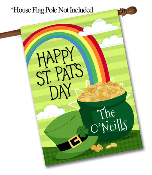 St. Patrick's Day St. Pat's Pot Of Gold Personalized House Flag - St. Patrick's Day Garden Flag - St. Patrick's Day Decorative Flags